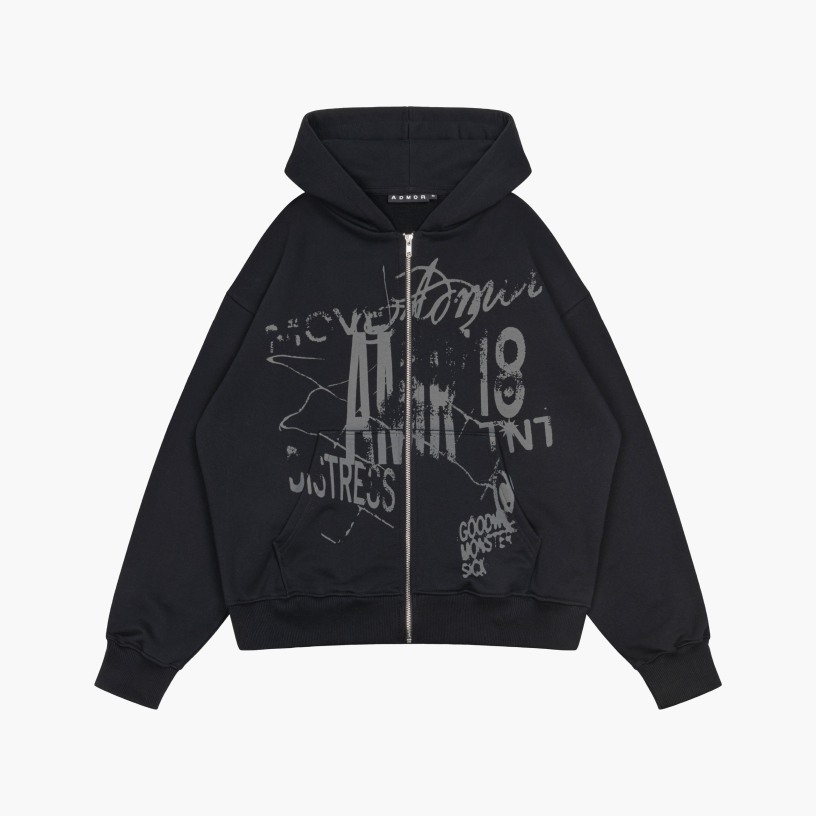 CRASH TEXT ZIP HOODIE (BLACK)